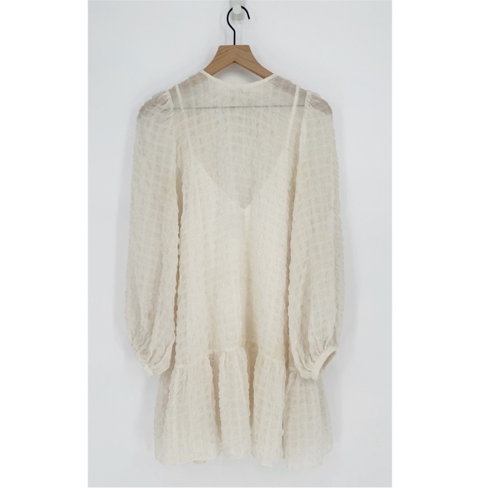 H&M Jacquard A-Line Dress Balloon Long Sleeve Drop Waist Sheer Cream Women's S